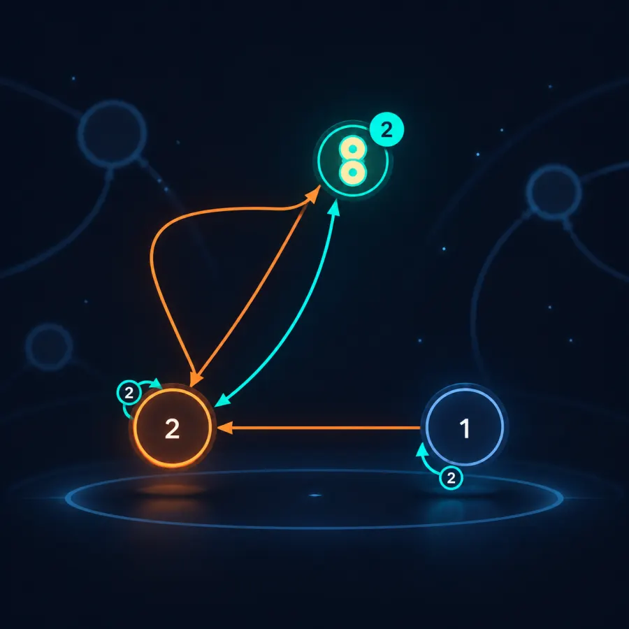 A glowing state graph connects three workers through colored action paths.