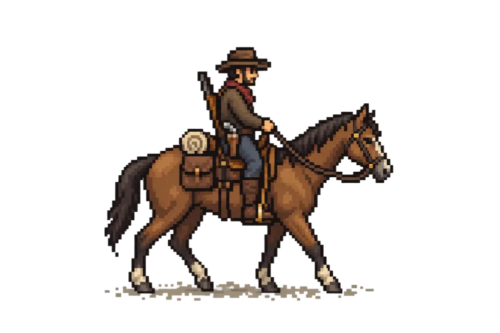 Pixel-art concept of a lone rider crossing a dark western landscape.